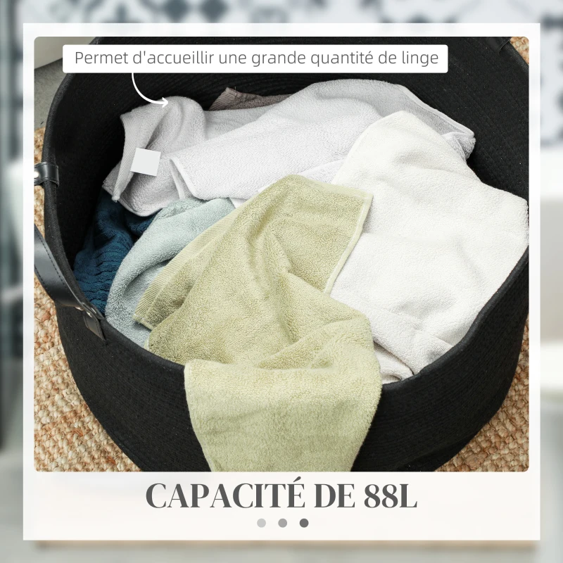 HOMCOM Panier à linge 88L, corbeille à linge en coton avec poignées pliable, 56 x 35,5 cm, noir