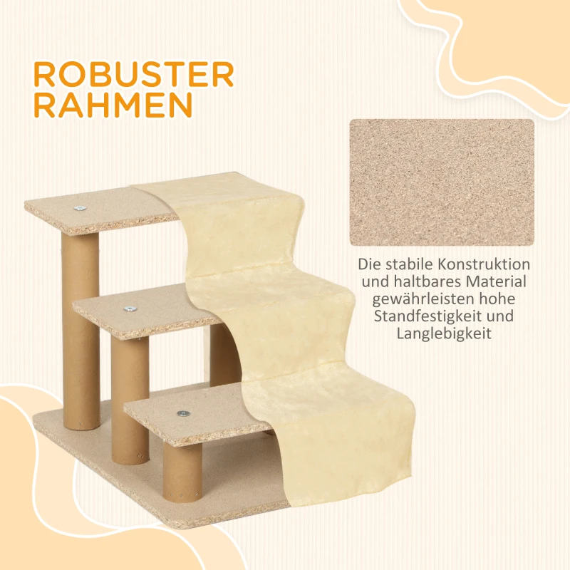 PawHut Opvouwbare huisdierentrap, 3 treden, wasbare pluche hoes, Spaanplaat, 46 x 35 x 35 cm, Beige