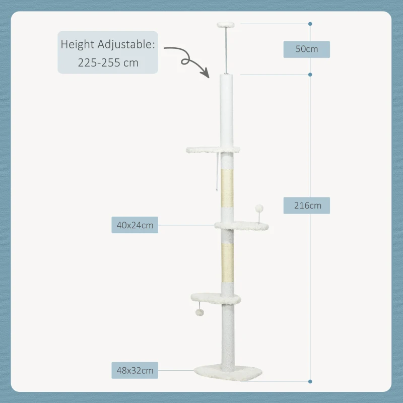 PawHut Albero per Gatti a Soffitto con Altezza Regolabile e Pali Tiragraffi in Sisal, 48x32x225-255 cm, Bianco
