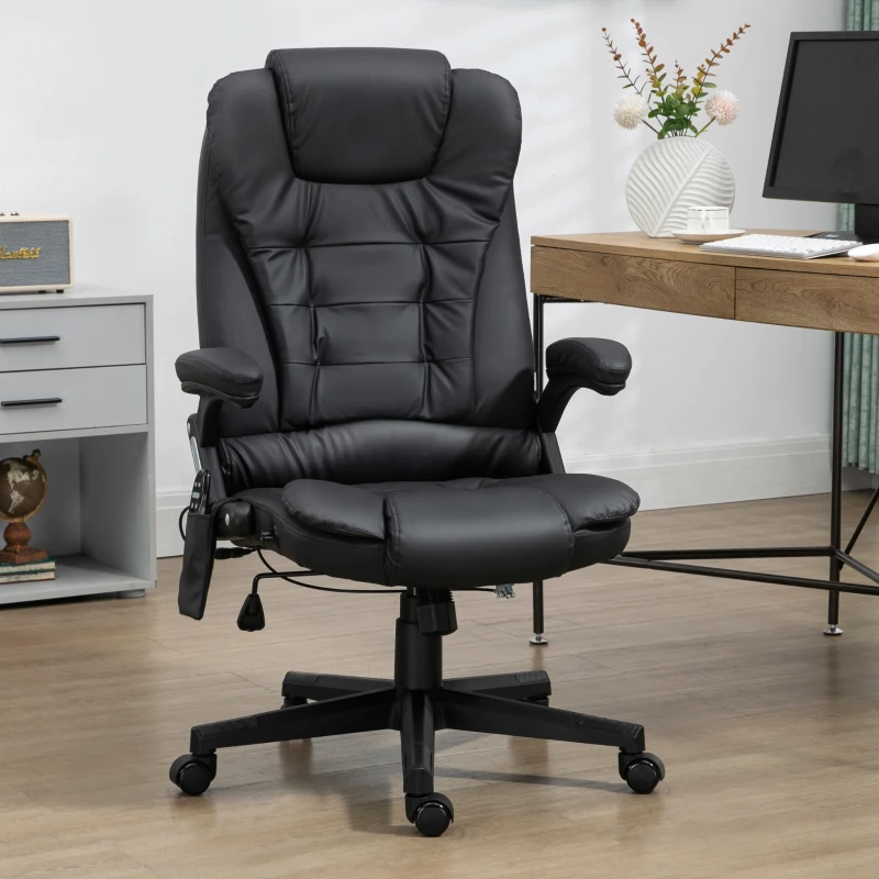 HOMCOM Silla de Oficina y Escritorio Regulable en Altura Reclinable 135° y Función Basculante Con Calefacción y Función Masaje con 5 Programas y 6 Puntos Vibratorios 62x68x111-121cm Hasta 120kg Negro