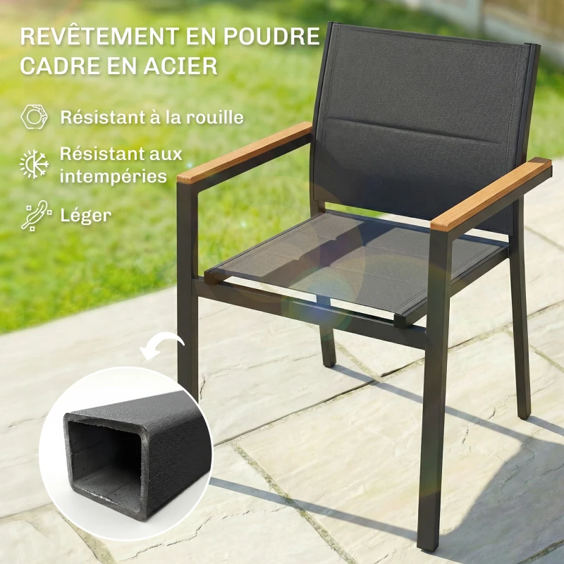 Outsunny Lot de 2 Chaises de Jardin Empilables, Assise et Dossier Rembourrés, Accoudoir en Bois Plastique, 56x55x85cm, Gris Foncé