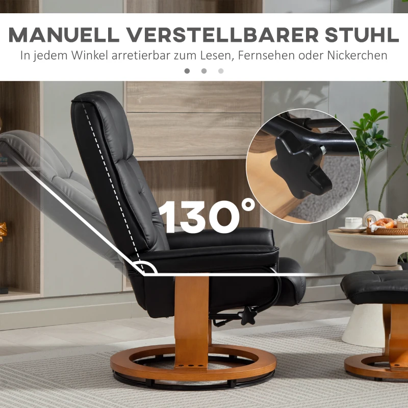 HOMCOM Relaxfauteuil met Hocker, draaibaar & kantelbaar, Kunstleren bekleding, tot 150 kg, Houten frame, Zwart