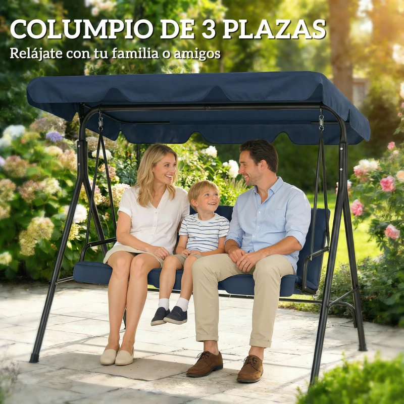 Outsunny Balancín de Jardín Exterior Columpio de 3 Plazas con Toldo Ajustable y Marco de Acero 172x118x153 cm Azul Marino
