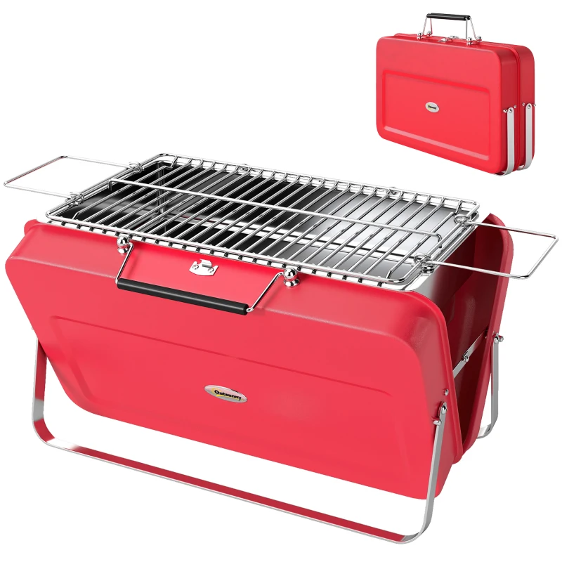 Outsunny Portable Mini Charcoal Barbecue Grill with Suitcase Shell, Outdoor Folding Tabletop BBQ Grill, Red