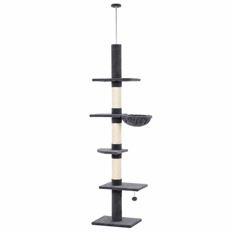 PawHut Plafondhoge krabpaal 225-255 cm, verstelbare kattenboom met 5 niveaus, 3 sisal krabpalen, hangmat en platformen