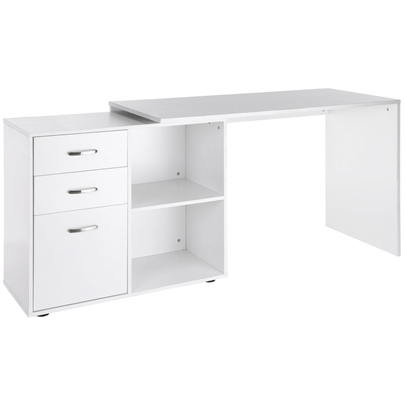HOMCOM Mesa de Ordenador Escritorio Mesa Esquinera Oficina 2 Formas con 2 Estantes 3 Cajones Mesa de Despacho Escuela Estudio Madera Blanco
