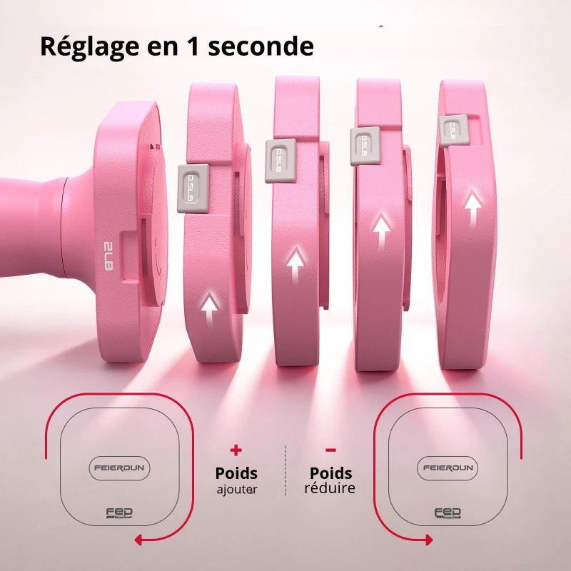5‑en‑1 ensemble d'haltères réglable (2 pièces), Dual‑Lock, poignée souple en TPU, 29,5x24,5x13 cm, rose