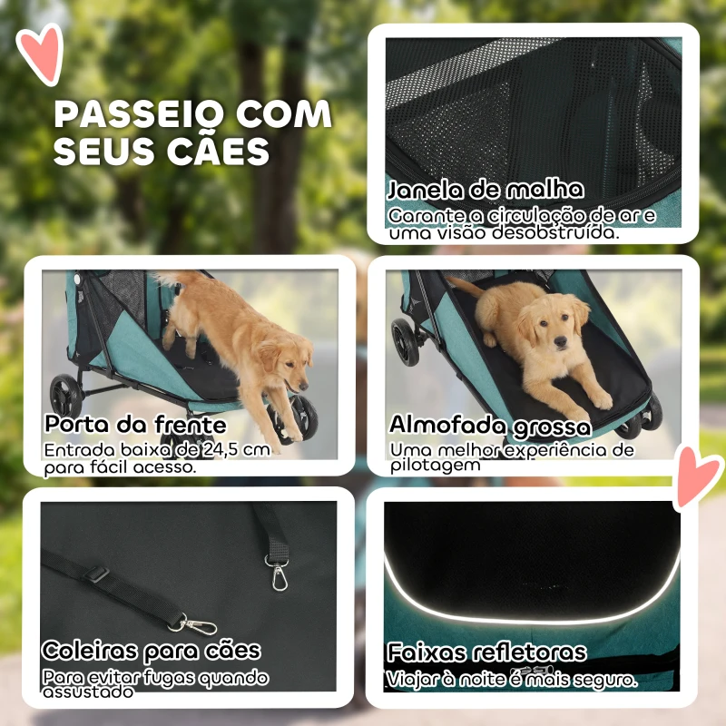 PawHut Carrinho para Cães Dobrável com um Botão até 30 kg com Suspensão nas 4 Rodas Giratório e Travão de Pé Turquesa