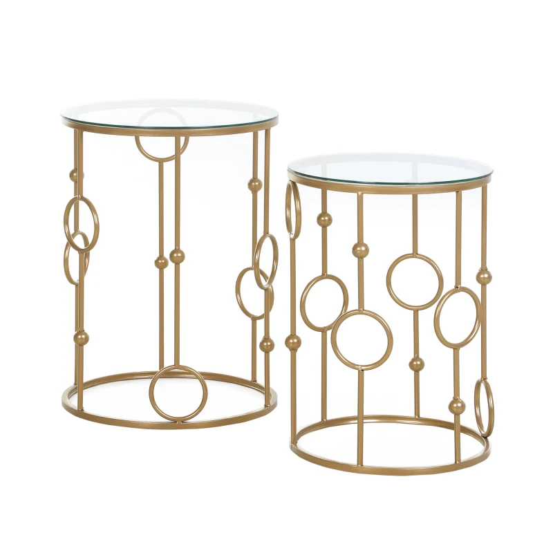 HOMCOM 2-delig Salontafelset, Bijzettafel met Glazen Blad, Woonkamer Tafel met Reifen- en Kogelontwerp Ø41 x 57 cm, Goud