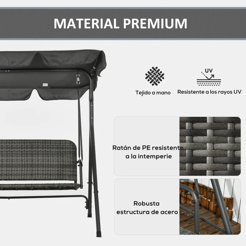 Outsunny Balancín de Jardín Exterior de 3 Plazas con Toldo Ajustable Asiento de Ratán PE y Reposabrazos 167x112x153 cm Gris
