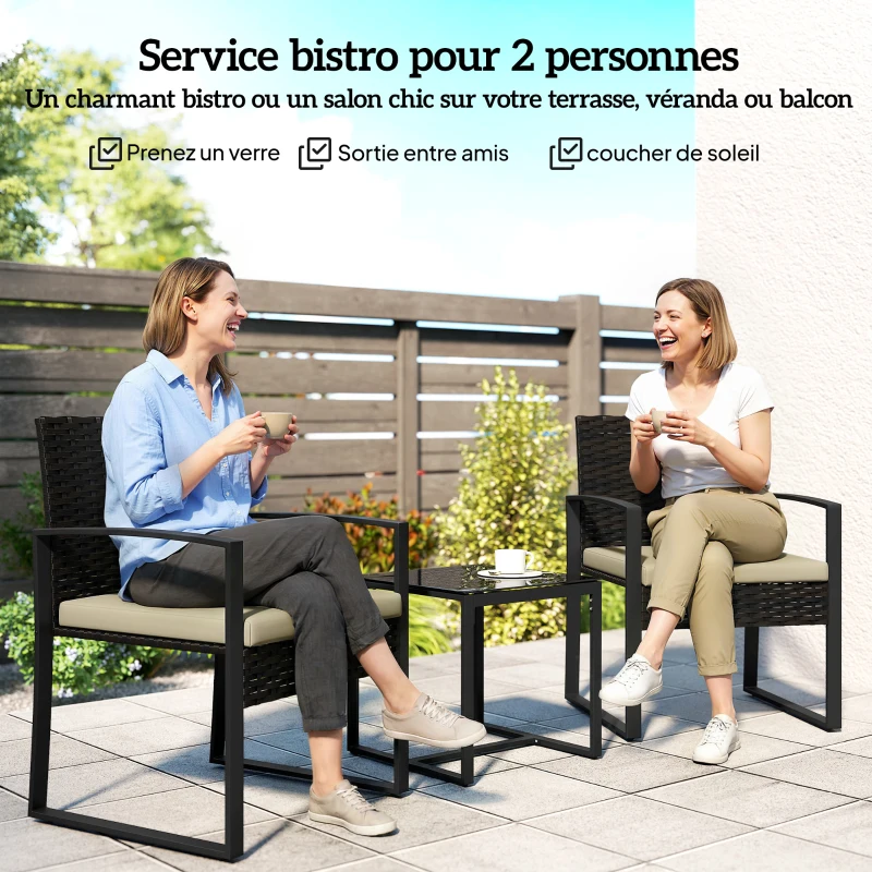 Outsunny Salon de jardin extérieur en résine tressée 2 personnes, table de jardin avec 2 chaises, plateau en verre trempé, marron