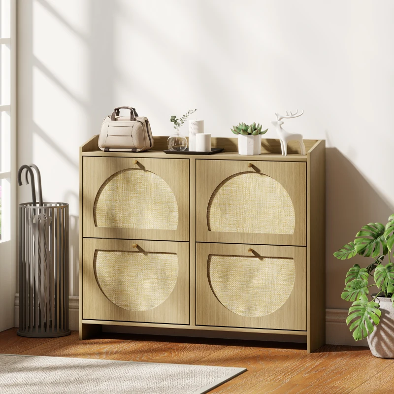 HOMCOM Zapatero Estrecho con 4 Puertas de Ratán con Estantes Ajustables para 16 Pares de Zapatos 104,5x24x88 cm Natural