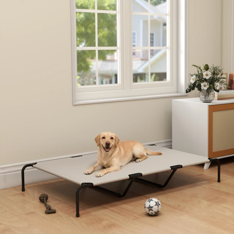 PawHut Hondenligbed Outdoor, Verhoogd hondenbed voor grote honden, met stalen frame, ademend netweefsel, 152x94x23 cm, Beige
