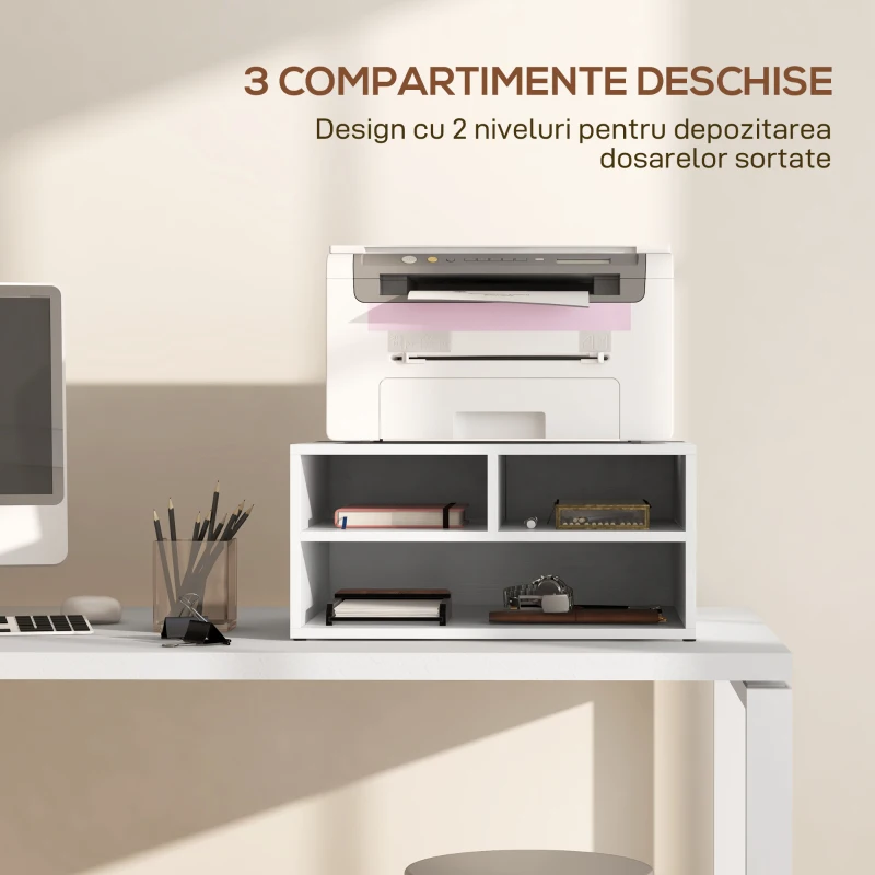 HOMCOM Dulap Mobil pentru Imprimantă de Birou cu 3 Rafturi Deschise pe 2 Niveluri, 47x40x22,5 cm, Alb