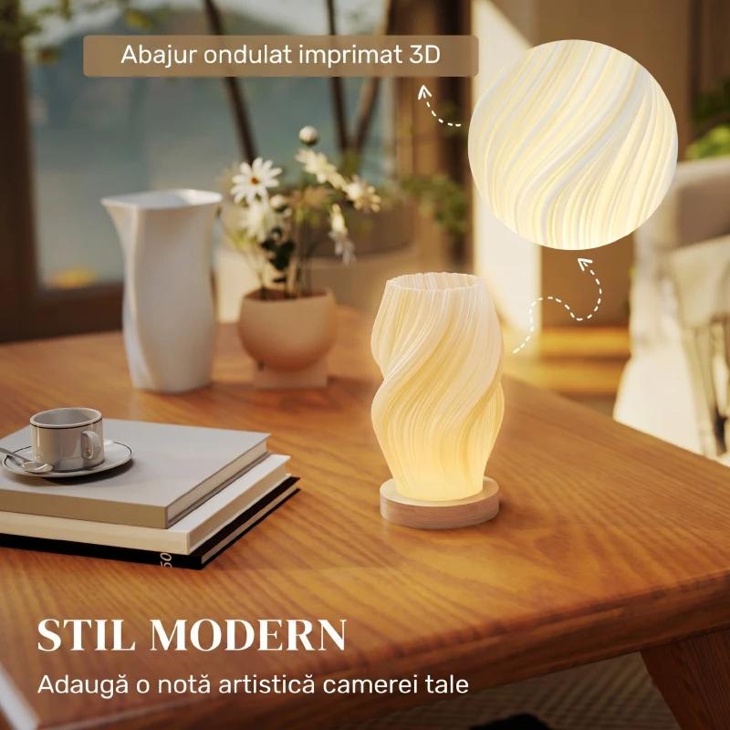 HOMCOM Lampă de masă ondulată cu 3 culori și port USB, din ABS și lemn de cauciuc, Ø12x20 cm, alb și culoare lemn