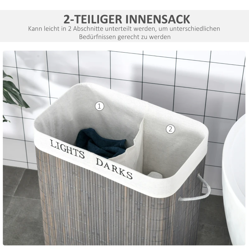 HOMCOM 100L Wasmand met 3 Handgrepen, Wasbare Waszak, Bamboe, Polyester, Katoen, Metaal, 52 x 32 x 63 cm, Grijs(m-6)