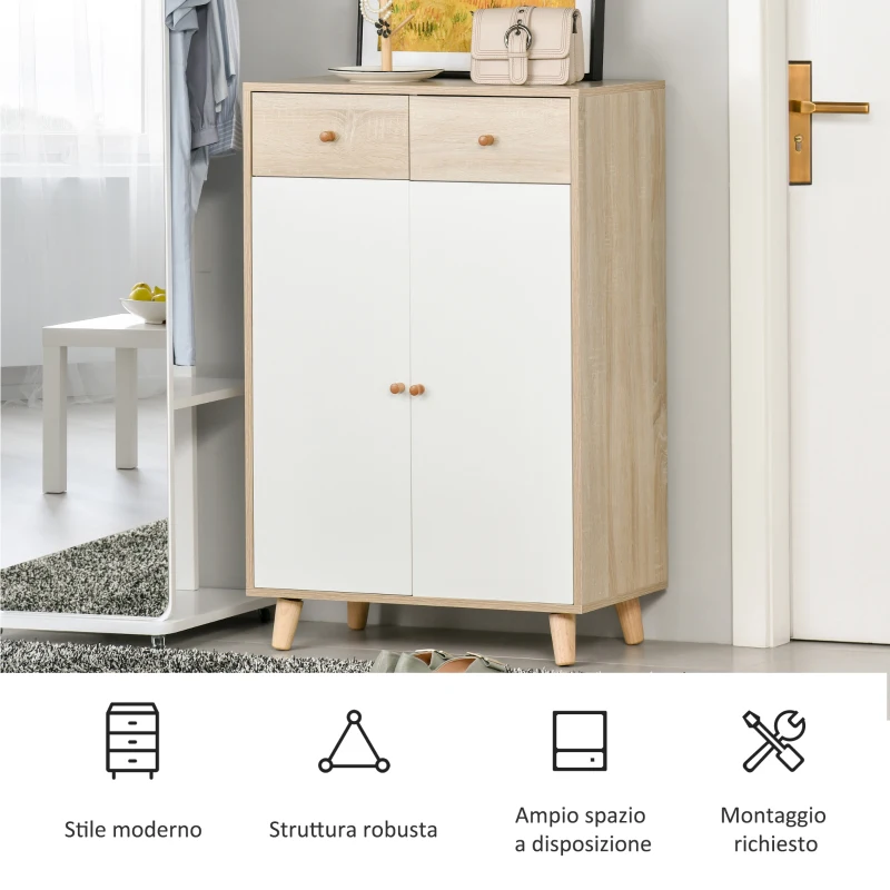 HOMCOM Mobile Scarpiera Salvaspazio per 12 Scarpe, Armadietto con 4 Mensole e 2 Cassetti, 68x35x102.5 cm, Color Legno e Bianco