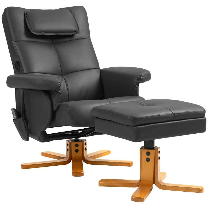 HOMCOM Relaxfauteuil met voetenbank, 360° draaibare loungestoel met kneed- en vibratiemassage, ligfunctie, massagestoel met USB- en USB-C-aansluitingen, zijvak, kunstleer zwart