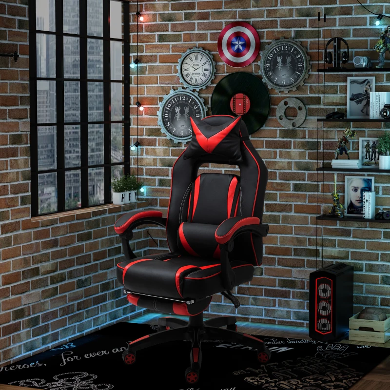 HOMCOM Fauteuil gamer, chaise gaming, siège de bureau réglable, avec repose-pieds et coussin, pivotant inclinable revêtement synthétique noir rouge
