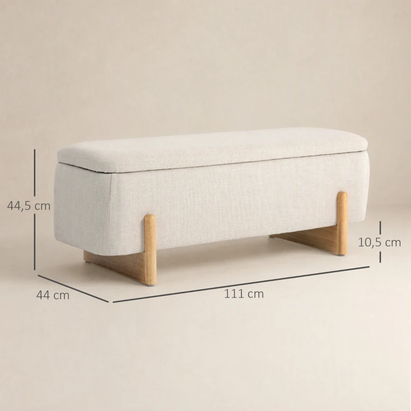 HOMCOM Bank met opbergruimte, gestoffeerde bank in linnenlook, opbergbank met veiligheidsscharnieren, houten poten, bedbank/opbergkist voor woonkamer, slaapkamer of hal, 111 x 44 x 44,5 cm, crèmewit(m-3)