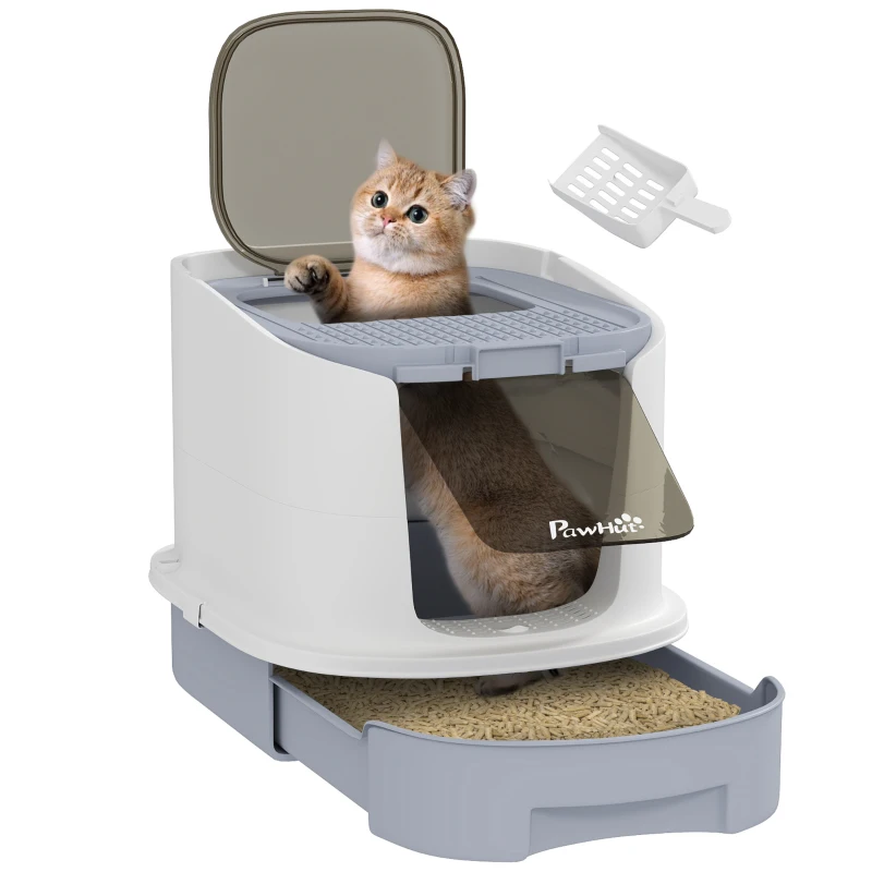 PawHut Kattenbak met deksel boveninstap schep uitschuifbare lade voor katten tot 4,5 kg, 40,5x52,5x42,5 cm Grijs