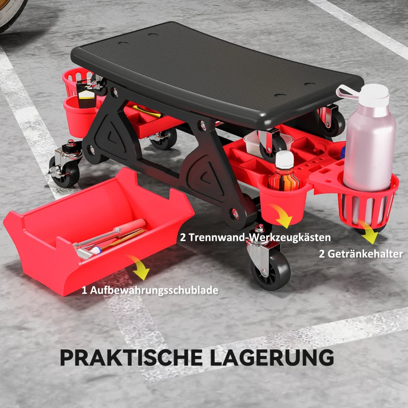HOMCOM Werkplaatskruk met Afneembare Zitting en Wielen, Opbergruimte, 33cm Hoog, Tot 135 kg, Rood