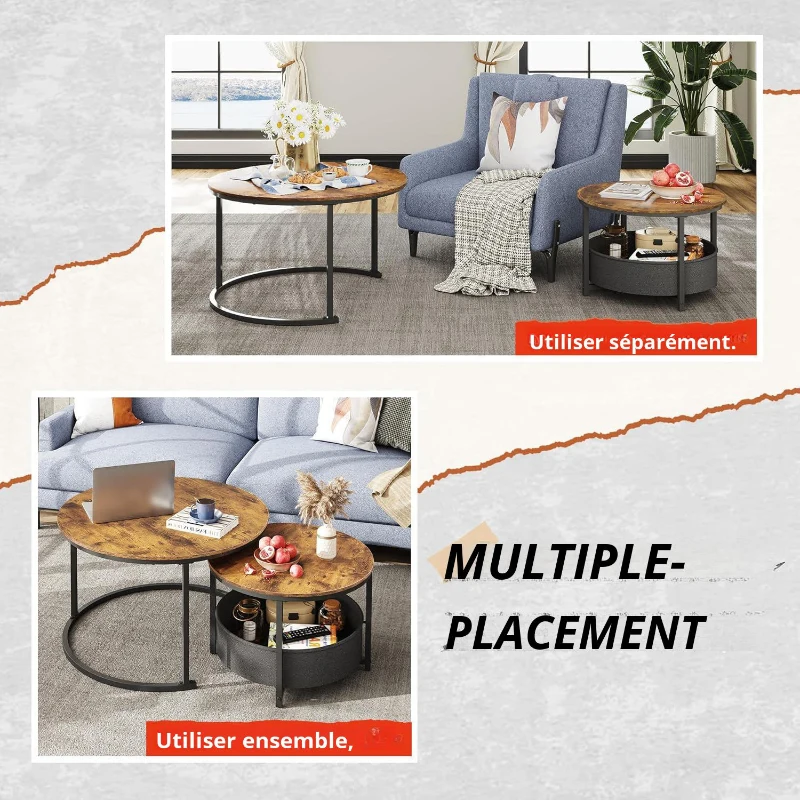 Table basse lot de 2, design 2‑en‑1 flexible, design moderne, 80x80x48,2 cm, marron