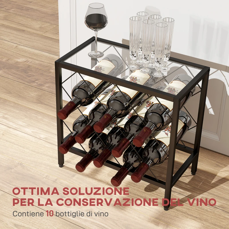 HOMCOM Portabottiglie Vini per 10 Bottiglie in Acciaio Nero con Piano d'Appoggio in Vetro Temperato, 41x22x41 cm