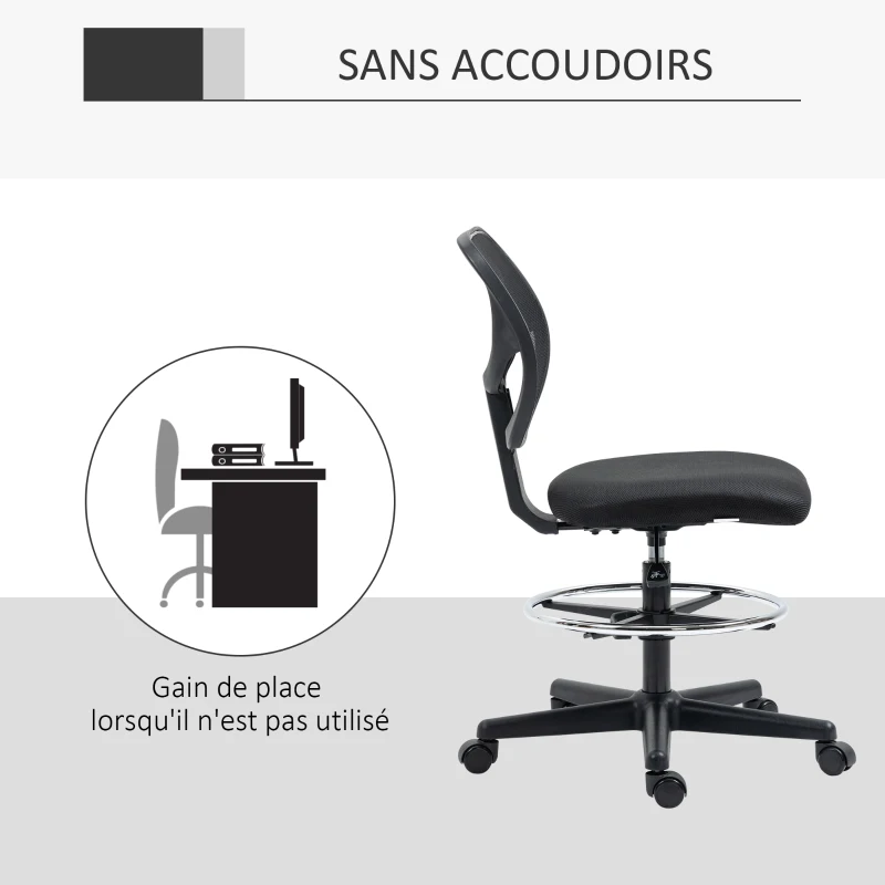 Vinsetto Chaise de bureau assise haute en maille hauteur réglable 50-70 cm avec repose-pied pivotant 360° noir