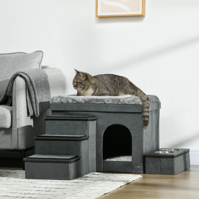 PawHut Kattenhuis Kattenhut Kattenhol, 3 huisdiertrappen, 2 voerbakken, 70 x 50 x 51 cm, Grijs