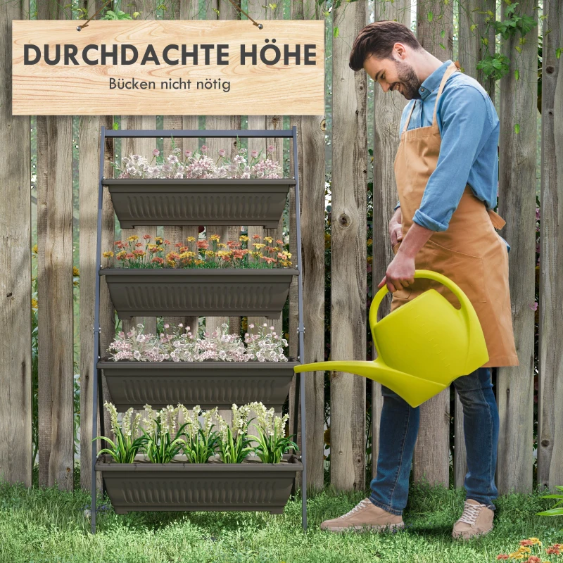 Outsunny Stapelbare Plantentrap Bloemenrek Plantenbak, Weerbestendig, 76 cm x 79 cm x 162 cm, Bruin