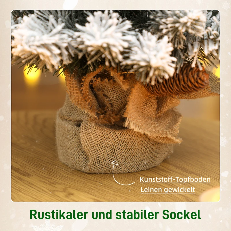 HOMCOM Mini Kunstkerstboom 60 cm, nepspar met sneeuw, 72 takken, 6 dennenappels, cementvoet