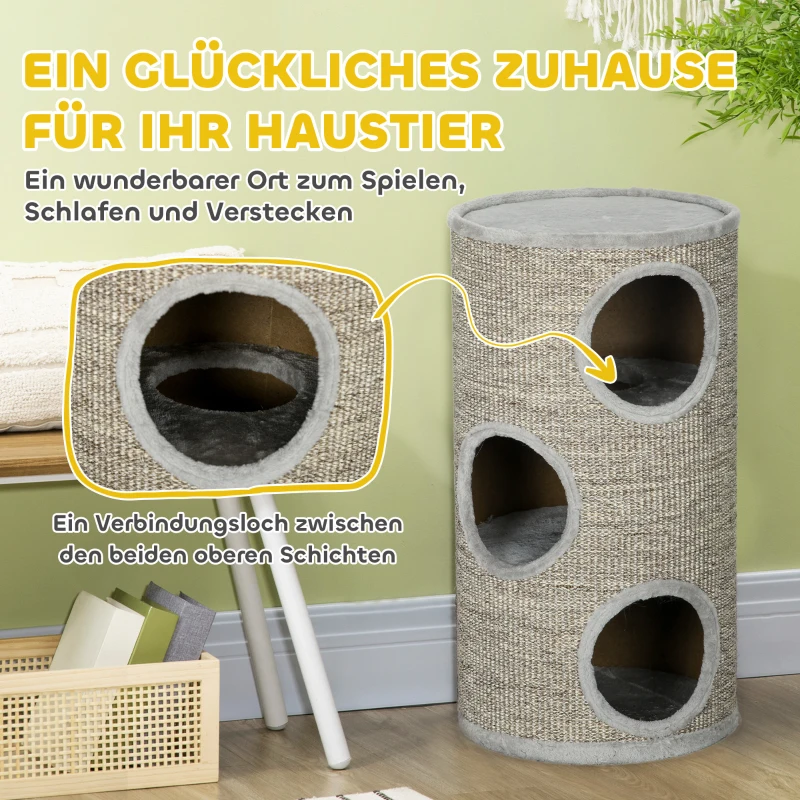 PawHut krabpaal voor katten met 3 niveaus, inclusief sisaltouw, krabvlak, krabpaal voor katten, 38 cm x 38 cm x 70 cm, lichtgrijs