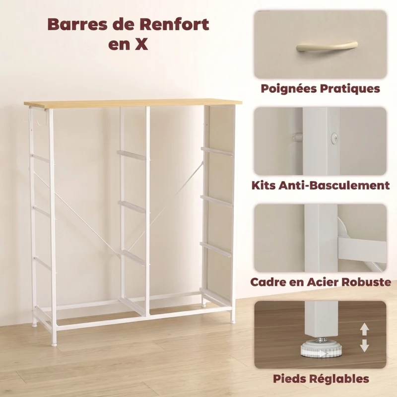 HOMCOM Commode 8 Tiroirs en Tissu, Meuble de Rangement avec 4 Poches, 2 Crochets, Structure en Acier, 80 x 30 x 94,5 cm, Beige