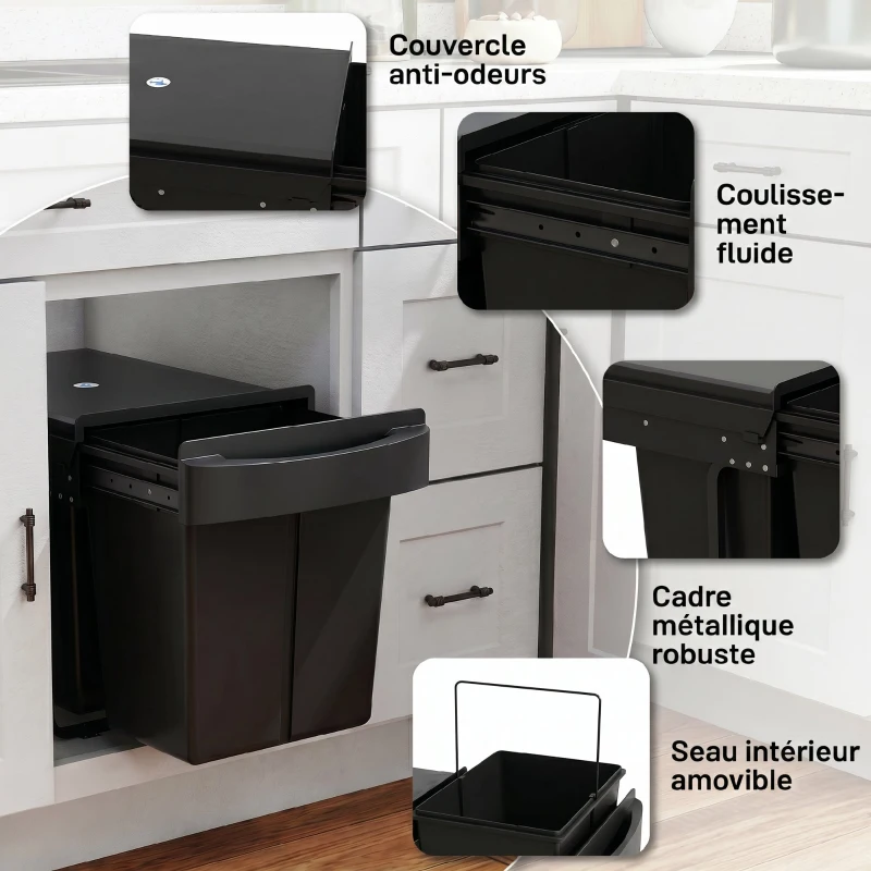 HOMCOM Poubelle sous évier coulissante, poubelle de tri sélectif, 2 x 20L, seaux intérieurs amovibles, 52 x 33,5 x 41 cm, noir