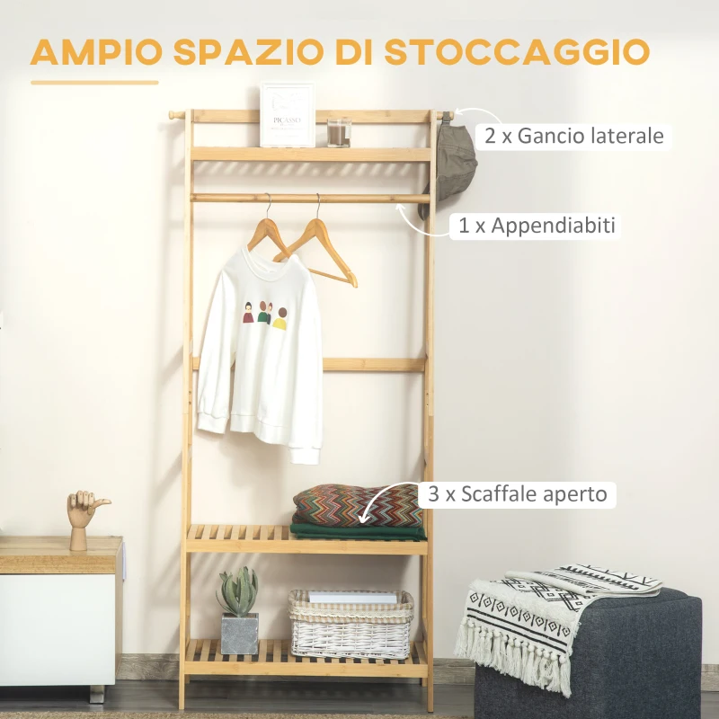 HOMCOM Appendiabiti in Legno di Bambù da Terra con Ripiani, 70x42x164cm, Colore Legno