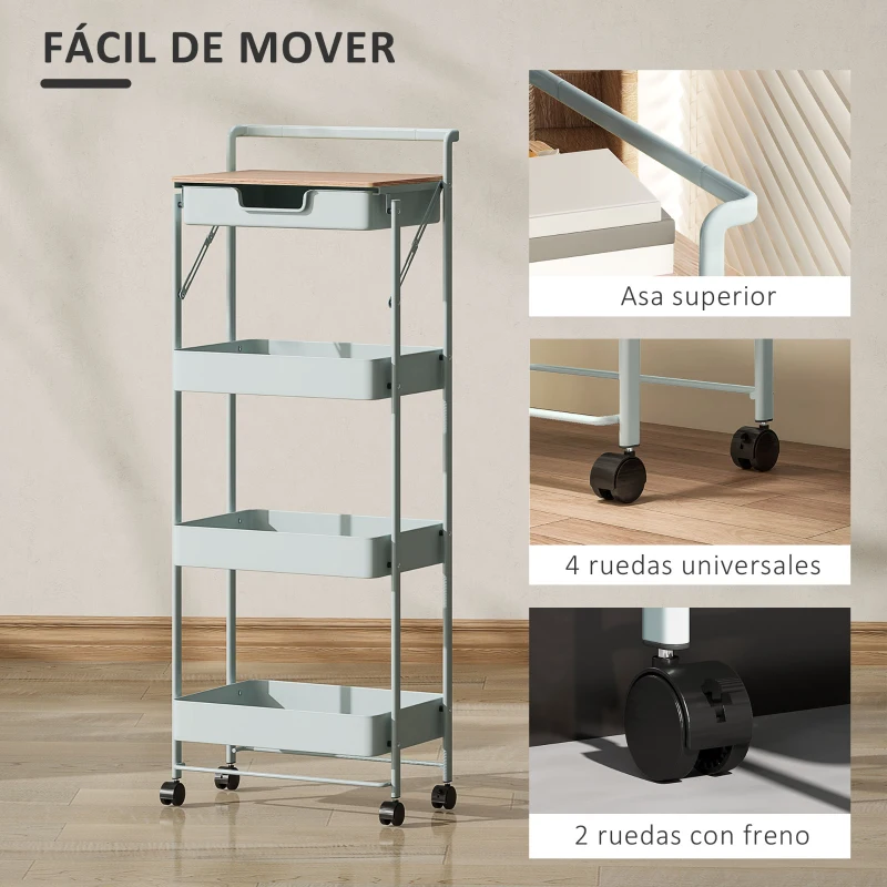 HOMCOM Carrito Auxiliar con Ruedas de 4 Niveles con Cajón Encimera y Cestas de Rejilla para Dormitorio Baño Cocina Verde Claro