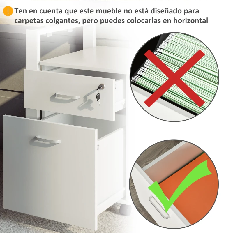 Vinsetto Cajonera de Oficina con Ruedas Mueble Archivador con 2 Cajones para Documentos en Tamaño A4 Cerradura 40x49x58 cm Blanco