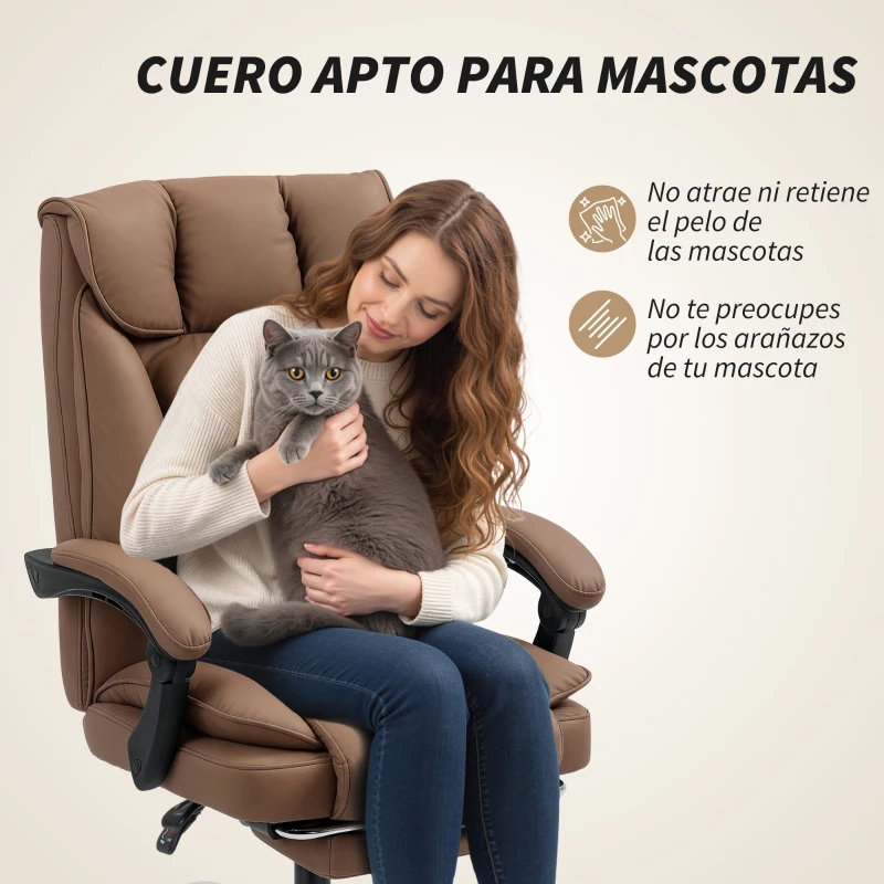HOMCOM Silla de Escritorio con Reposapiés Respaldo Reclinable Acolchado Grueso Tapizada en Cuero Sintético Marrón