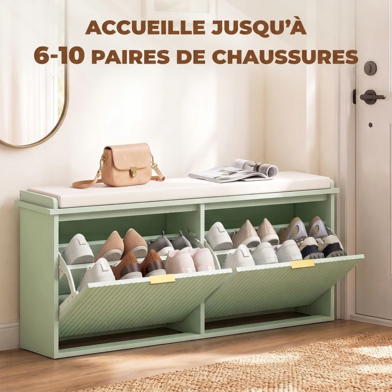 HOMCOM Banc à chaussures avec coussin d'assise rembourré et tiroir rabattable pour couloir, chambre, 104 x 26 x 47,5 cm, vert