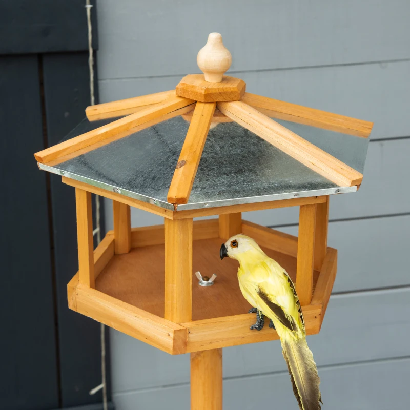 PawHut Houten vogelvoederhuis op standaard met platform en schuin metalen dak, Ø57,7 x 153 cm, naturel