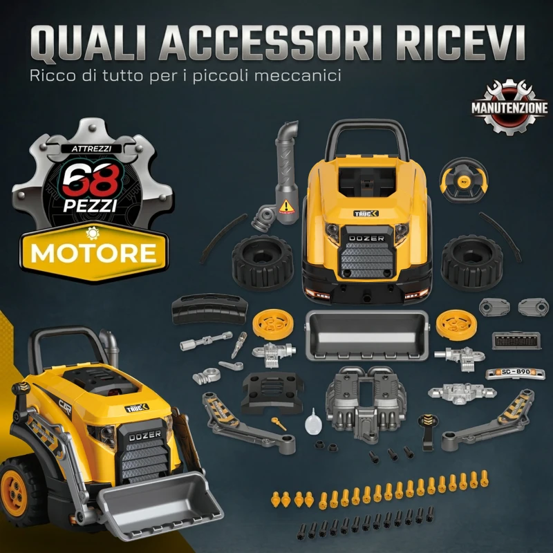 AIYAPLAY Set Officina Escavatore Giocattolo per Bambini 3-6 Anni con Motore e 68 Accessori, Giallo