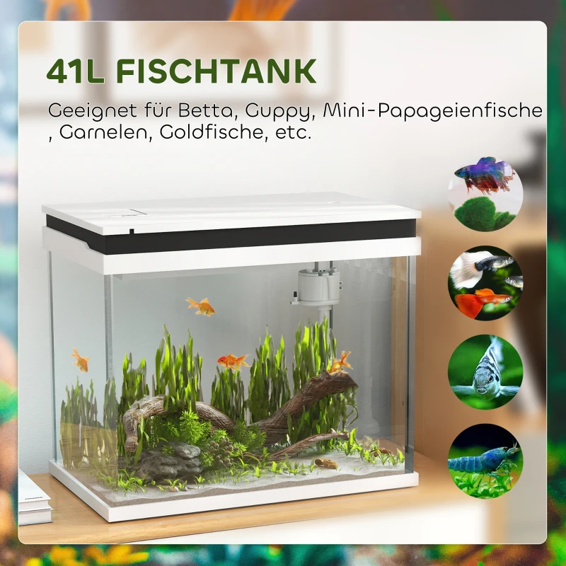 PawHut 41 Liter Glas-Aquarium met Filtersysteem, LED-Verlichting, Waterpomp, voor Diverse Vissoorten, Wit