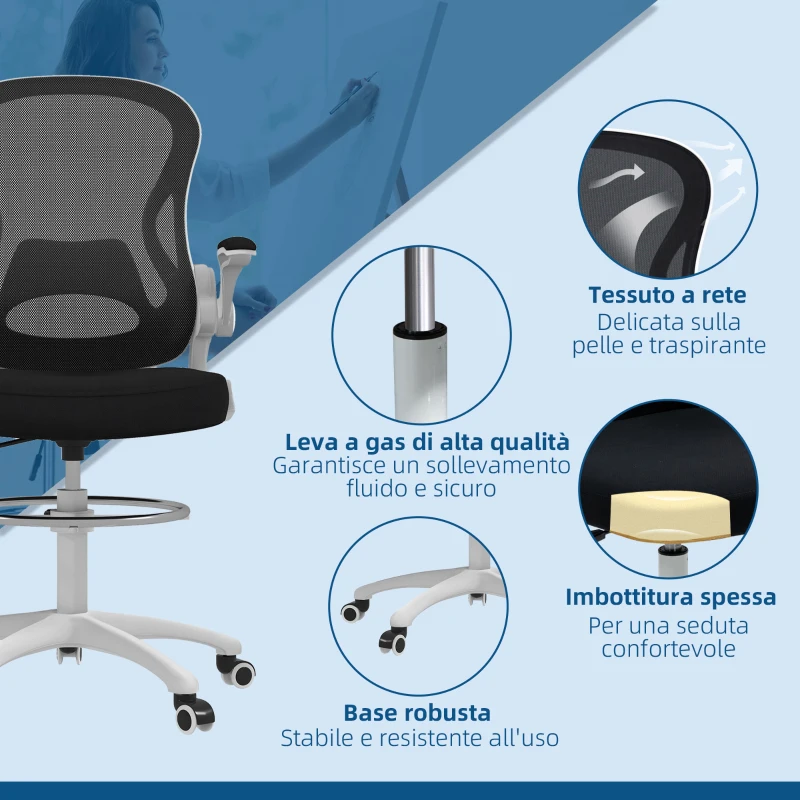 Vinsetto Sedia da Ufficio Ergonomica in Tessuto Traspirante con Altezza Regolabile e Braccioli Ribaltabili, 59x65x110-130 cm