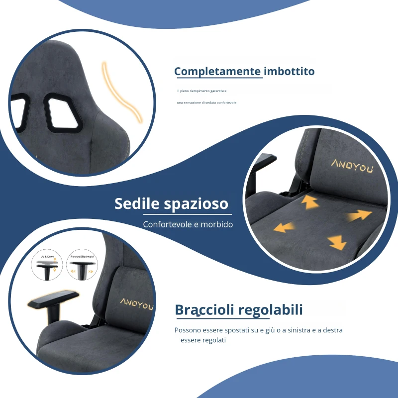 Sedia gaming con poggiapiedi, in similvelluto traspirante, regolabile in altezza con molla a gas, girevole, 70x70x135 cm, Grigio