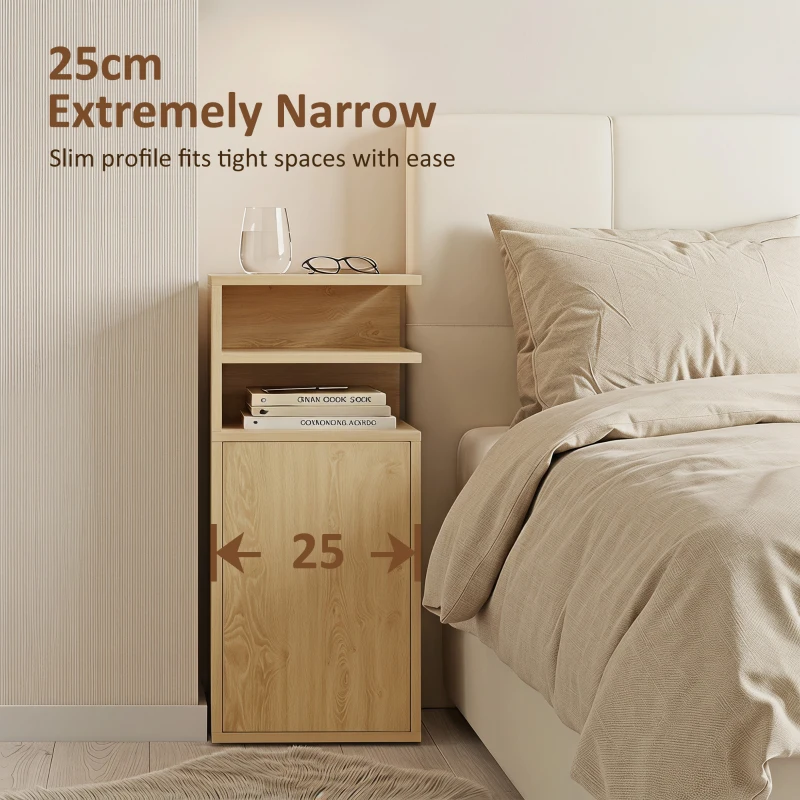 HOMCOM Slim Bedside Table Set of 2, Narrow Bedside Cabinet with Open Cubbies and Cupboard for Bedroom Living Room, Oak