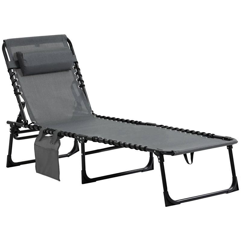 Outsunny Ligstoel, Opvouwbare Ligstoel met Nekkussen, Stalen Frame, Netstof Bekleding, 120 kg Draagvermogen, Grijs