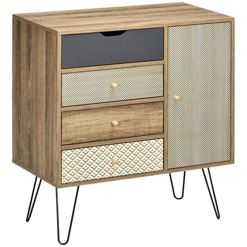 HOMCOM Cómoda con 4 Cajones Estilo Boho Cajonera de Madera con Patas de Metal para Salón Dormitorio 79x39x86 cm Marrón