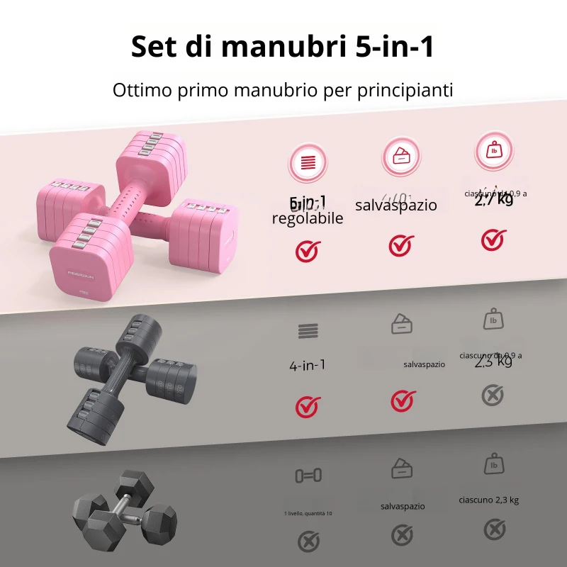 Set manubri regolabili 5‑in‑1 (2 pezzi), Dual‑Lock, impugnatura morbida in TPU, 29,5x24,5x13 cm, Rosa