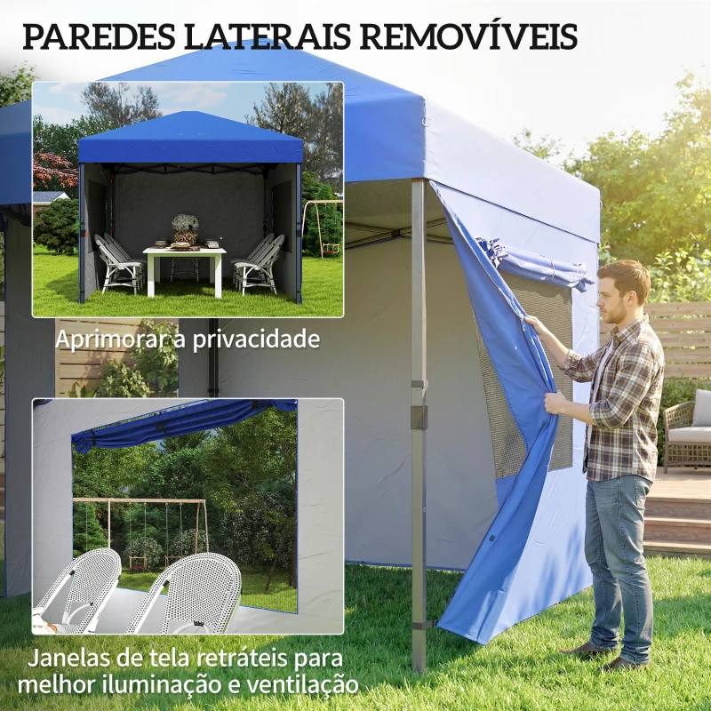 Outsunny Tenda Dobrável 3x3 m Pop-up com 3 Paredes Laterais 2 Janelas em Malha UPF50+ Altura Ajustável 3 Níveis Azul